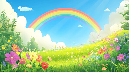 Fototapeta premium A whimsical illustration of a field of flowers with a rainbow in the sky.