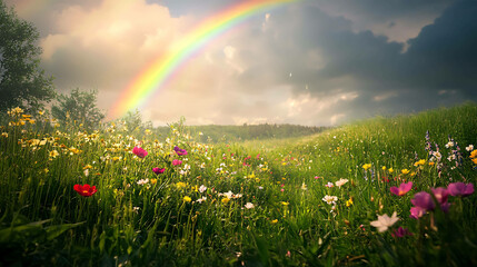 Naklejka premium A beautiful rainbow shines over a field of wildflowers after a summer rain.