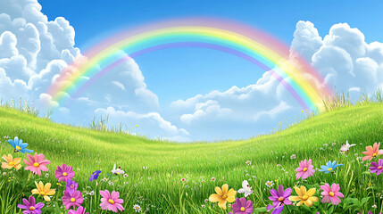 Rainbow over green field with flowers and blue sky.