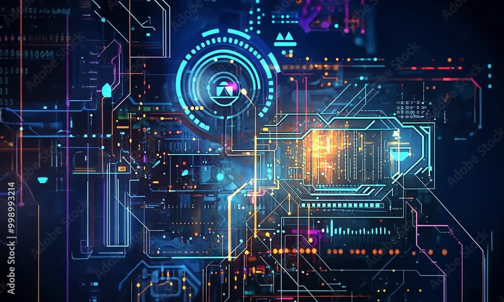 Poster exploring advanced digital technology through vibrant circuits and dynamic graphics during a tech co