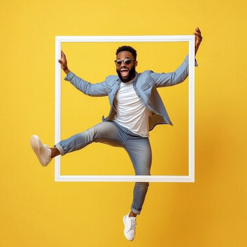 African american guy dancing and jumping out of photo frame on yellow background