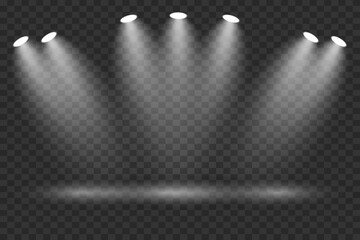 Light spotlights on a transparent background. Stage lighting effect.