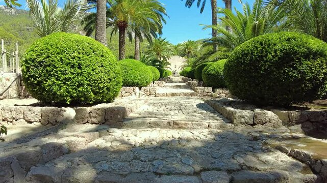 Botanic Path at Jardines de Alfabia, Mallorca, Balearic islands, Spain. Gimbal shot 4K