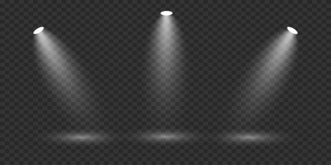 Light spotlights on a transparent background. Stage lighting effect.