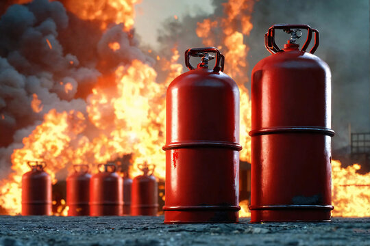 Red steel cylinders with pressure liquefied gas in fire. Flammable and
