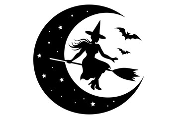 Halloween witch flying on broom. Color and black white vector illustration for coloring book with example in color
