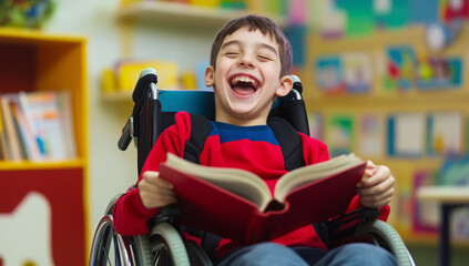 Lachendes Kind im Rollstuhl beim Lesen eines Buches – ein fröhlicher Moment voller Freude und Inklusion im pädagogischen Umfeld
