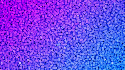 Closeup top view on piles of colorful violet to blue plastic polypropylene granules, masterbatch polymer grain rows. HDPE or PVC resin pellets. 3d render illustration