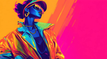 Fototapeta premium A woman in a colorful jacket and sunglasses, against a bright pink and yellow background.