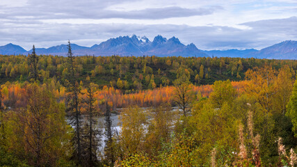 Scenic landscape of Denali National park and Mount McKinley in distance during autumn time.