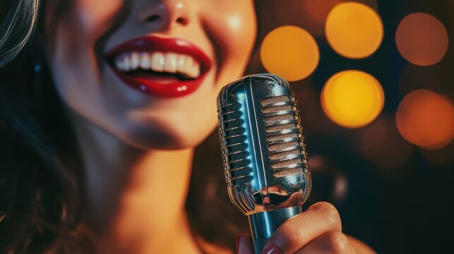Woman singing into vintage microphone under warm stage lights