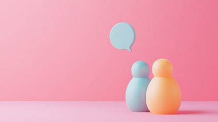 Two 3D figures on a pink background with a speech bubble.