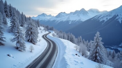 Fototapeta premium Generative AI, a road in the middle of a snowy mountain range with trees and snow covered mountains in the background and a train track running through the middle, winter, a matte painting, superflat 