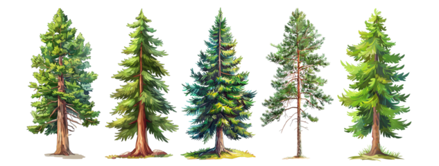 Pack of pine trees illustrated in a cartoon style set against a transparent background