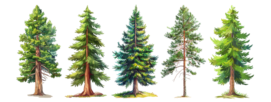 Pack of pine trees illustrated in a cartoon style set against a transparent background