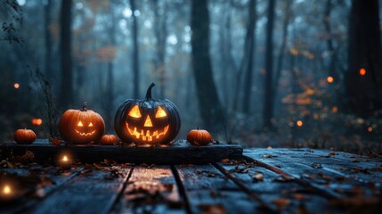 Spooky Lanterns and Pumpkins on a Wooden Table in a Mysterious Forest