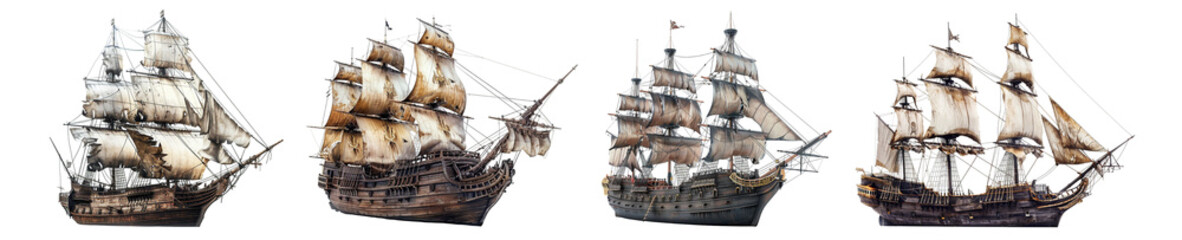 Fototapeta premium Pack of pirate ships set against a transparent background