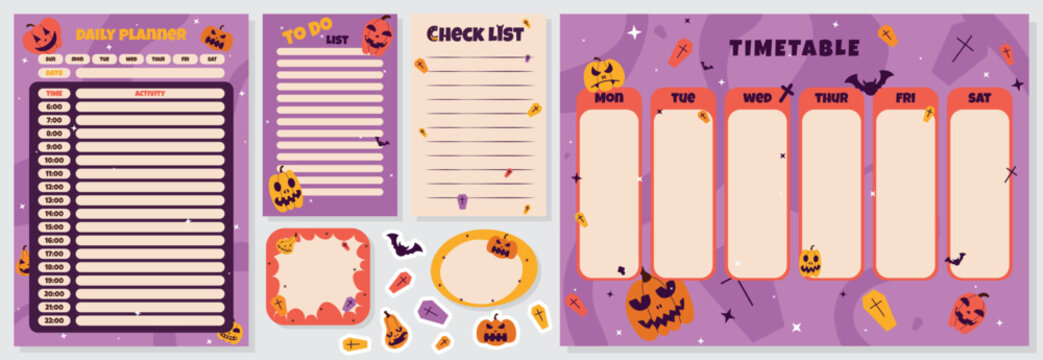 Set of daily planner page template, timetable, check list, to do list, halloween daily organizer, time menagement concept on purple background with orange, scary pumpkins, graves stickers, stars