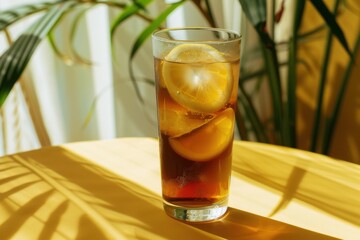 Close-up of a cold glass of iced tea and lemonade, condensation on the glass, garnished with fresh lemon slices and mint leaves, ice cubes floating inside, golden sunlight reflecting through the glass