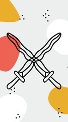 two abstract, crisscrossed swords set against a colorful, minimalist background featuring red, yellow, and white shapes, along with speckled elements for added effect.