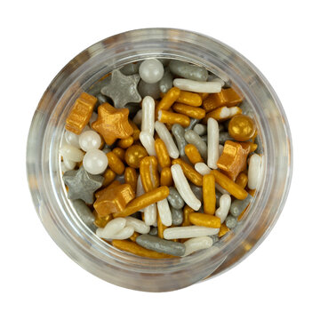 Overhead view an open container of holiday themed sprinkles isolated on a white background.