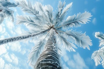 Snowy, frosty palm tree from below, blue sky in the background. Winter tropical wonderland in the beach. Impact of global climate change.