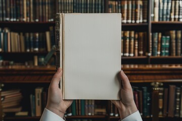 A person is holding a white book in a library, generative ai image