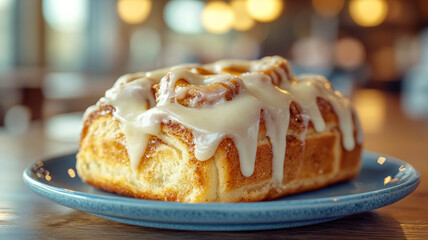 Close-up of a cinnamon roll with icing on a blue plate