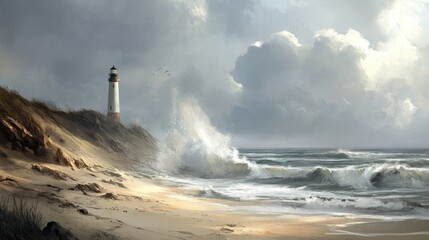 Lighthouse on a Sandy Coastline with Breaking Waves and Cloudy Skies