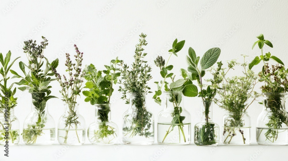 Poster A Row of Glass Bottles Filled with Various Green Herbs