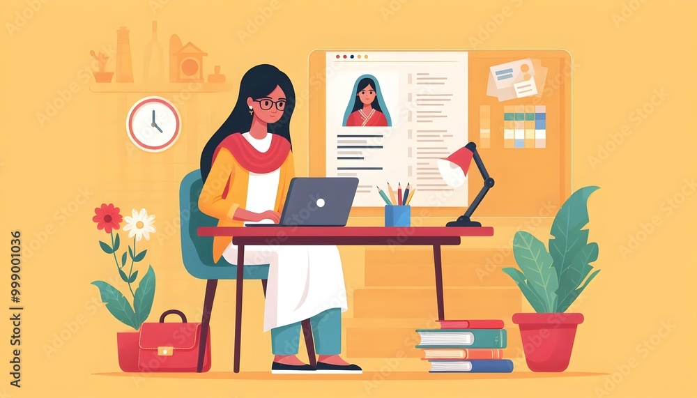 Wall mural flat vector illustration of young indian software developer and engineer working on a project operat