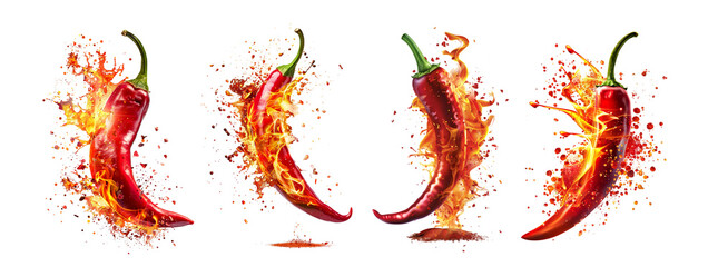 Pack of Red hot chili peppers with a splash of fire, set against a transparent background