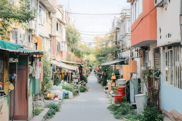 Fototapeta premium Narrow Alleyway in City with Colorful Buildings and Plants