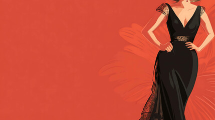 Fototapeta premium Woman in black dress against red floral backdrop.