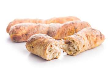 Crusty rustic baguette isolated on white table.