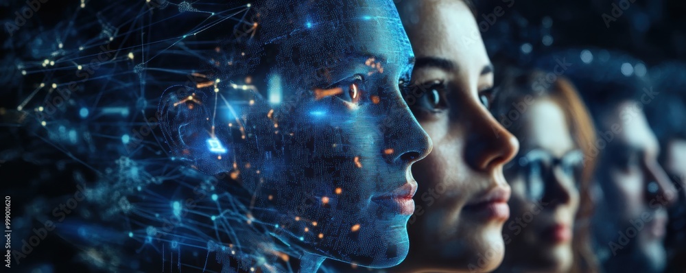 Aufkleber digital faces in blue, conceptual visualization of artificial intelligence and biometric identificat