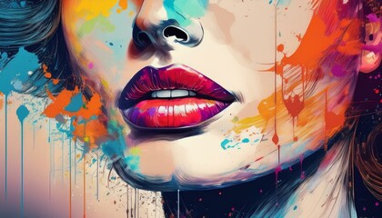 Retro abstract image of young woman; graffiti spray; sketch on paper with colored lipstick and plump lips, close-up, portrait, profile view