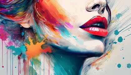 Retro abstract image of young woman; graffiti spray; sketch on paper with colored lipstick and plump lips, close-up, portrait, profile view