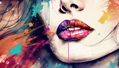 Retro abstract image of young woman; graffiti spray; sketch on paper with colored lipstick and plump lips, close-up, portrait, profile view