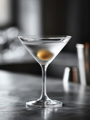 Close-up of a martini glass with an olive garnish on a bar counter.