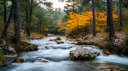 Obraz premium A tranquil stream flows through a forest in autumn, with vibrant yellow leaves and towering trees.