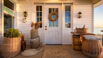 Coastal entryway with wicker baskets and nautical-themed accents