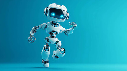 White robot with blue eyes running on a blue background.