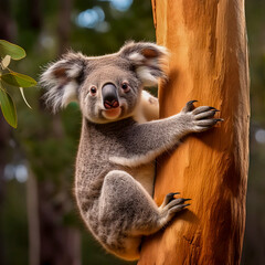 Obraz premium Generative artificial intelligence (AI) image of an Australian Koala climbing up a Eucalyptus tree in a forest.