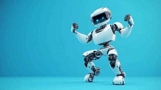 A white robot strikes a powerful pose in front of a blue background.