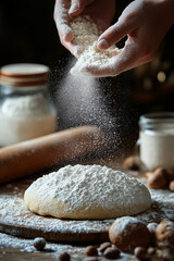 Baker sprinkling flour over fresh dough on a rustic kitchen table.