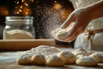 Baker Sprinkling Flour Over Dough in a Warm, Cozy Kitchen