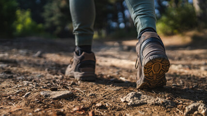 Close up of a unknown man hiking on a dirt path with rocky terrain