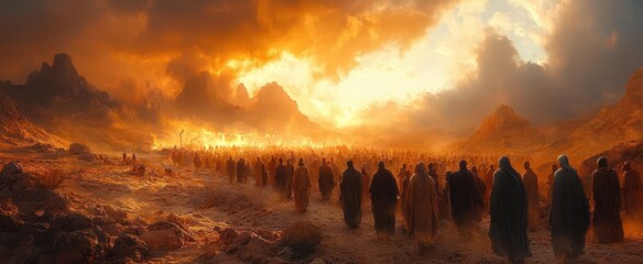 epic scene of ancient israelites journeying through the desert with moses leading the way under a vast sky embodying hope and freedom from oppression