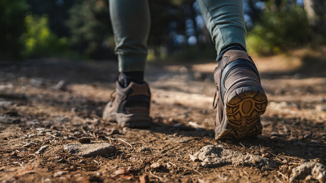 Close up of a unknown man hiking on a dirt path with rocky terrain